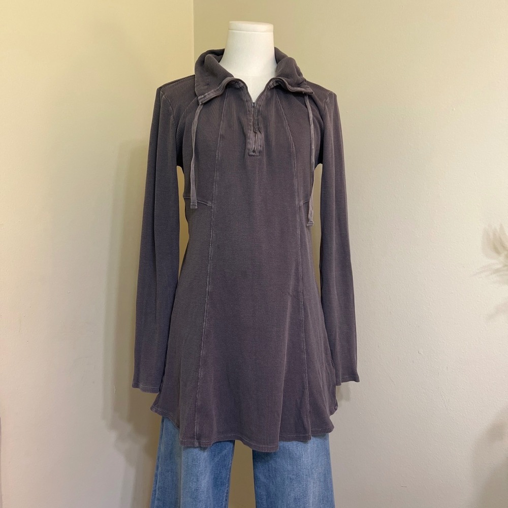 Soft Surroundings Gray 100% Cotton Waffle Knit Quarter Zip Tunic Top Small 2AM05